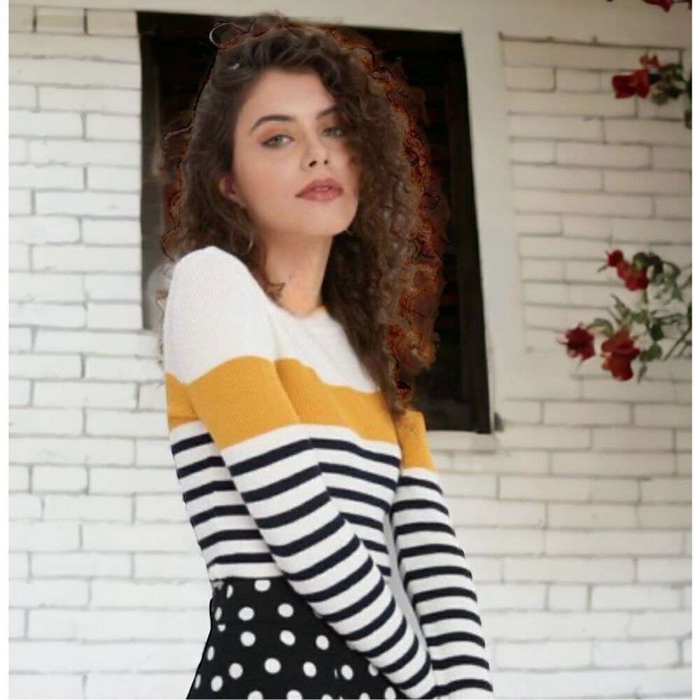 Moa Moa Women shirt Large Tunic Pullover Top Long Sleeve Striped  White Yellow L